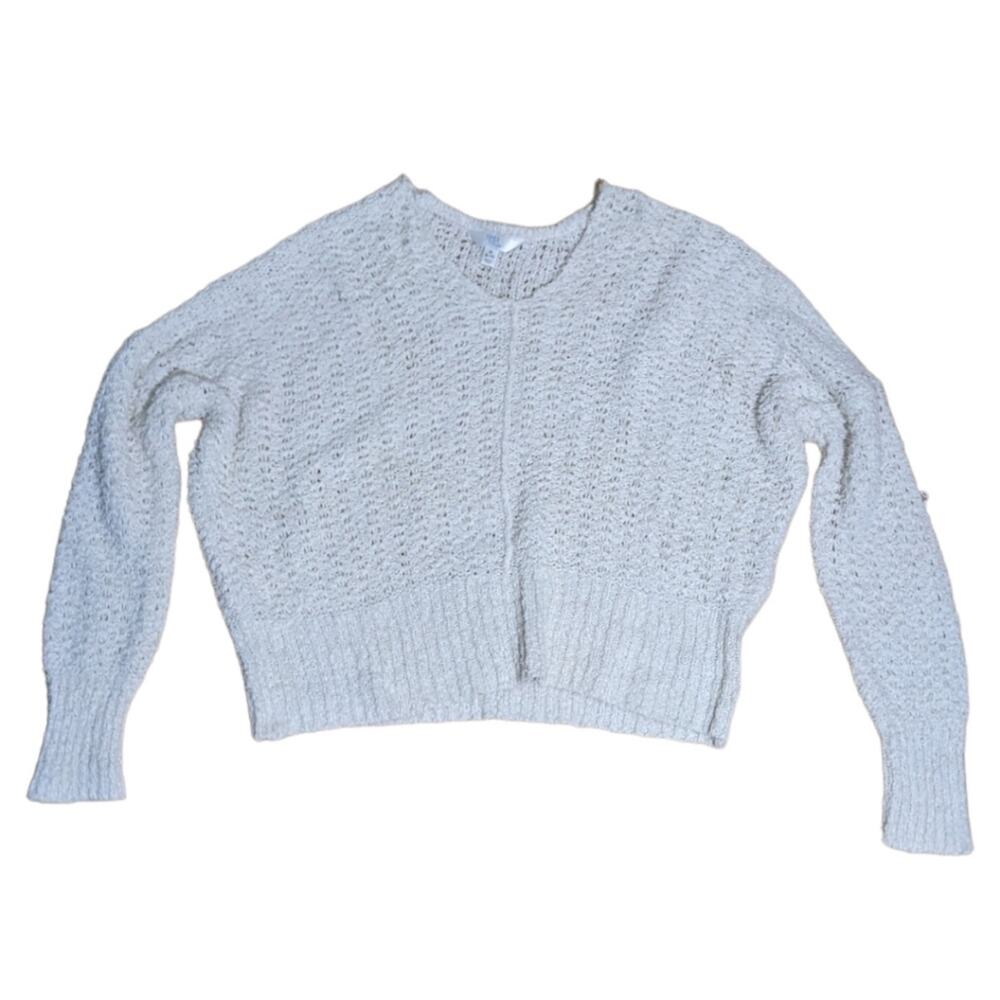 White chunky knit oversized cropped henley sweater